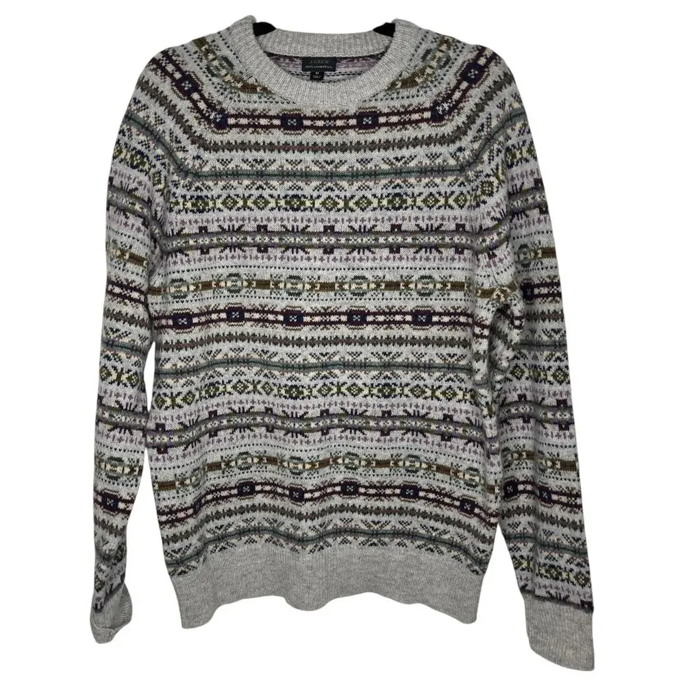 J. Crew Mens Sweater Medium Striped Gray Fair Isle Supersoft Lambs Wool Crewneck